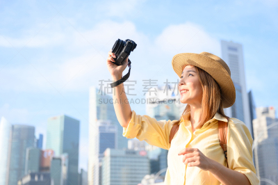 建筑外部,青年女人,新加坡市,背景聚焦,拍照