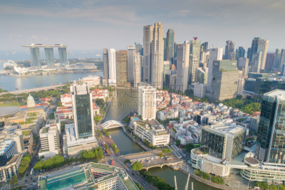 Aerial view Panoramic of the Singapore Skyline and Marina Bay, the marina is the centre of the economy in singapore, there are here all the building in singapore central
