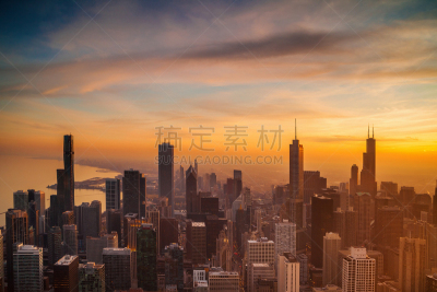 芝加哥市,市区,航拍视角,城市生活,视角,伊利诺斯州,橙色,黄昏,现代,湖