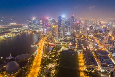 Aerial view Panoramic of the Singapore Skyline and Marina Bay, the marina is the centre of the economy in singapore, there are here all the building in singapore central
