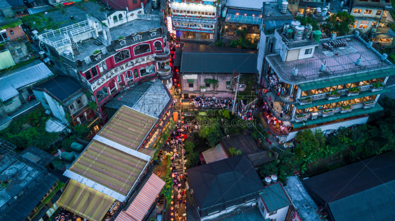 Jiufen Old Street in Taipei Taiwan, Aerial view Jiufen Old Street at night.