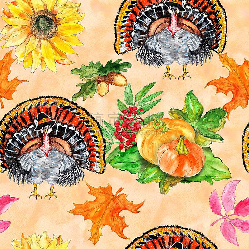 四方连续纹样,水彩画,火鸡,蔬菜,水彩画颜料,动物,鸟类,枫叶,向日葵,植物
