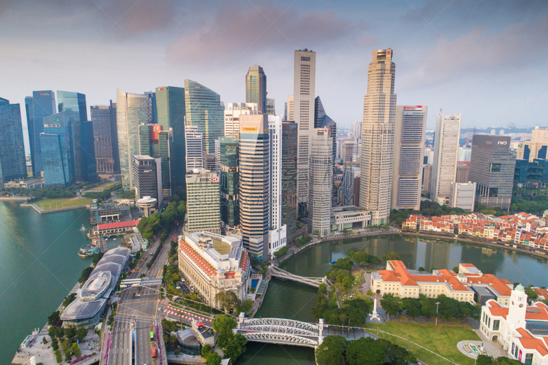 Aerial view Panoramic of the Singapore Skyline and Marina Bay, the marina is the centre of the economy in singapore, there are here all the building in singapore central