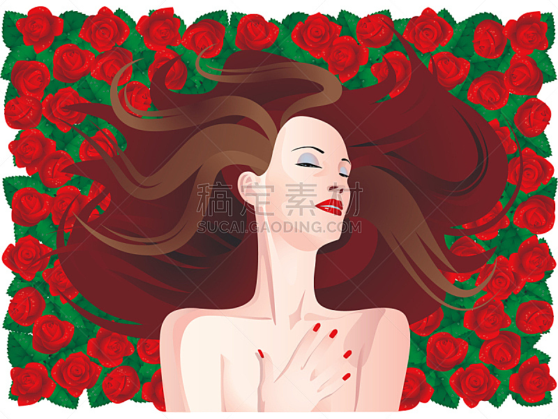 玫瑰,女人,红色,背景,褐色,艺术,半装,水平画幅,绘画插图,美人