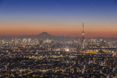 富士山,都市风景,夜晚,东京,商务,照明设备,曙暮光,云,黄昏,远距离