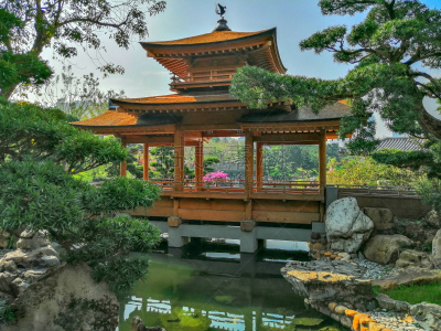 A wooden pavilion on the Blue Pond, Nan Lian Garden, Hong Kong