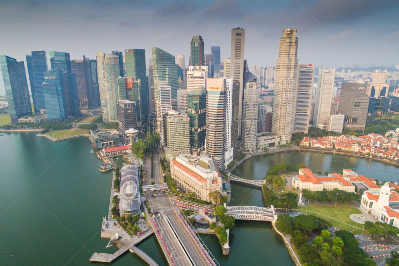 Aerial view Panoramic of the Singapore Skyline and Marina Bay, the marina is the centre of the economy in singapore, there are here all the building in singapore central