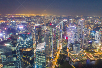 Aerial view Panoramic of the Singapore Skyline and Marina Bay, the marina is the centre of the economy in singapore, there are here all the building in singapore central