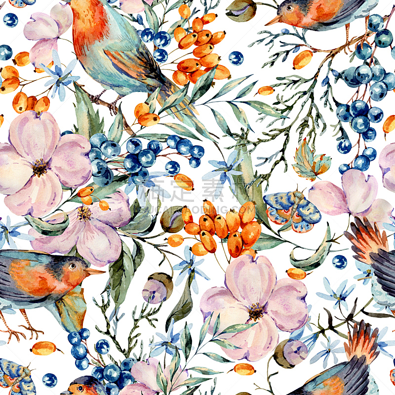 鸟类,蓝色,浆果,一对,四方连续纹样,深情的,粉色,橙子,水彩画,花