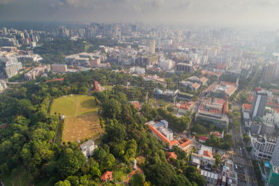 Aerial view Panoramic of the Singapore Skyline and Marina Bay, the marina is the centre of the economy in singapore, there are here all the building in singapore central