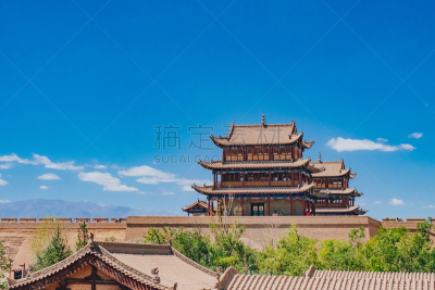 天空,蓝色,建筑外部,围墙,嘉峪关市,门楼,在下面,山口,纪念碑,水平画幅