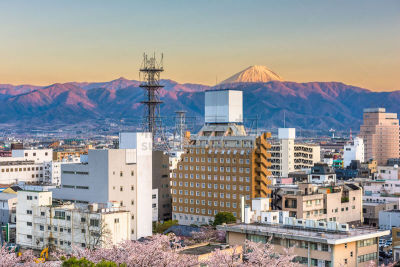 富士山,日本,城市天际线,城镇景观,曙暮光,贾府的小镇,樱桃,著名景点,春天,屋顶
