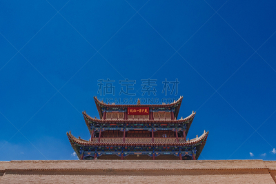 天空,蓝色,建筑外部,围墙,嘉峪关市,门楼,在下面,山口,纪念碑,水平画幅
