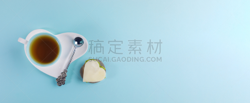 茶碟,茶杯,三明治,白色,心型,蓝色背景,婴儿勺,饮料,茶