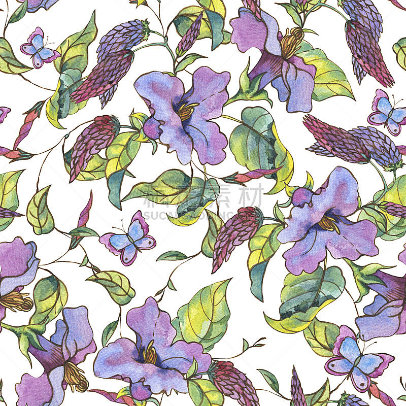 紫色,野花,四方连续纹样,水彩画,卷着的,蝴蝶,纺织品,浪漫,复古风格,植物