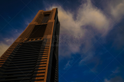 黄昏,横滨高速铁路,天空,横滨,建筑外部,海港,云,橙色,著名景点,横滨地标大厦