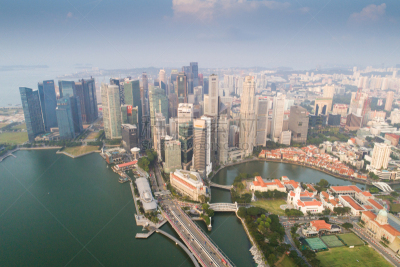 Aerial view Panoramic of the Singapore Skyline and Marina Bay, the marina is the centre of the economy in singapore, there are here all the building in singapore central