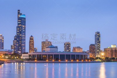 市区,芝加哥市,城市天际线,美国中西部地区,伊利诺斯州,谢德水族馆,曙暮光,黄昏,广场,建筑