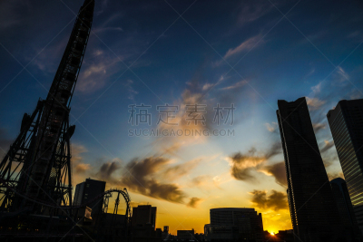 黄昏,横滨高速铁路,天空,横滨,建筑外部,海港,云,橙色,著名景点,横滨地标大厦