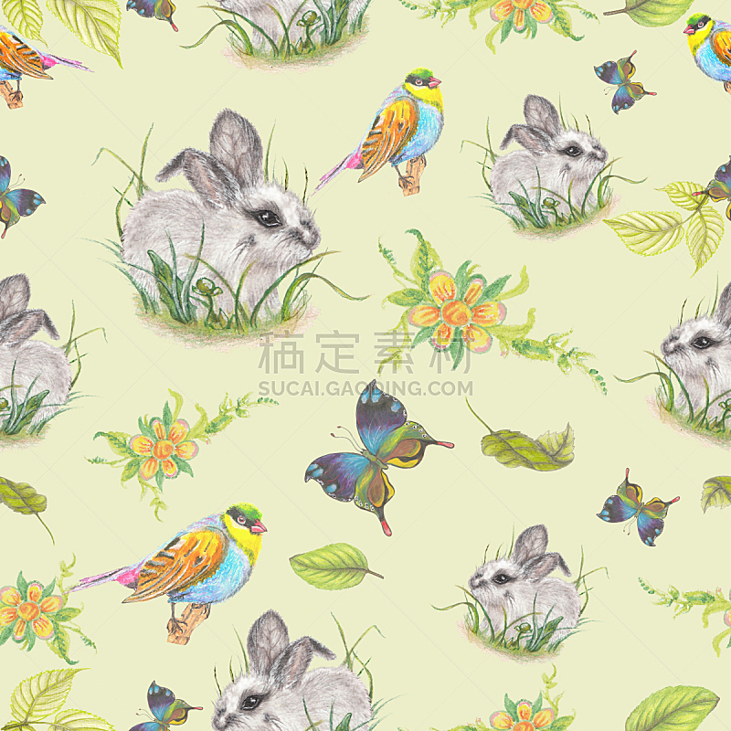 可爱的,动物主题,小兔子,art deco风格,纹理效果,纺织品,绘画插图,夏天,仅一朵花