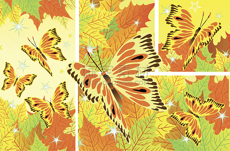 叶子,蝴蝶,秋天,背景,贺卡,边框,水平画幅,绘画插图,符号,标签