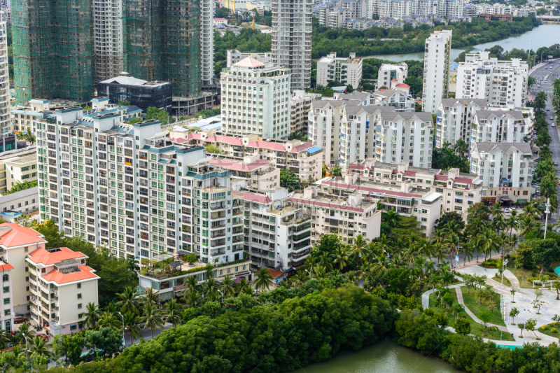 全景,海南省,三亚,航拍视角,鹿回头公园,自然美,云,黄昏,现代,热带树