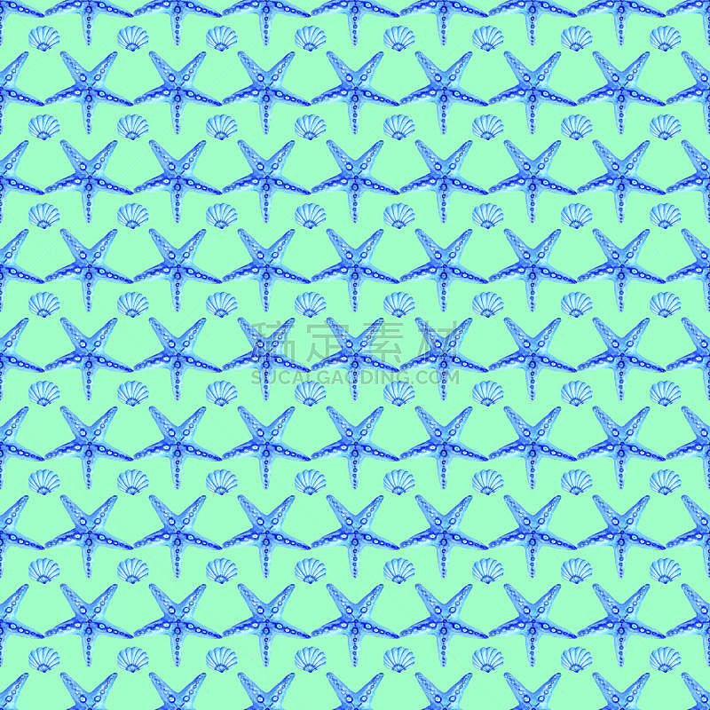 海星,四方连续纹样,蓝色背景,分离着色,水彩画,动物主题,水彩画颜料,背景分离,纺织品,热带气候