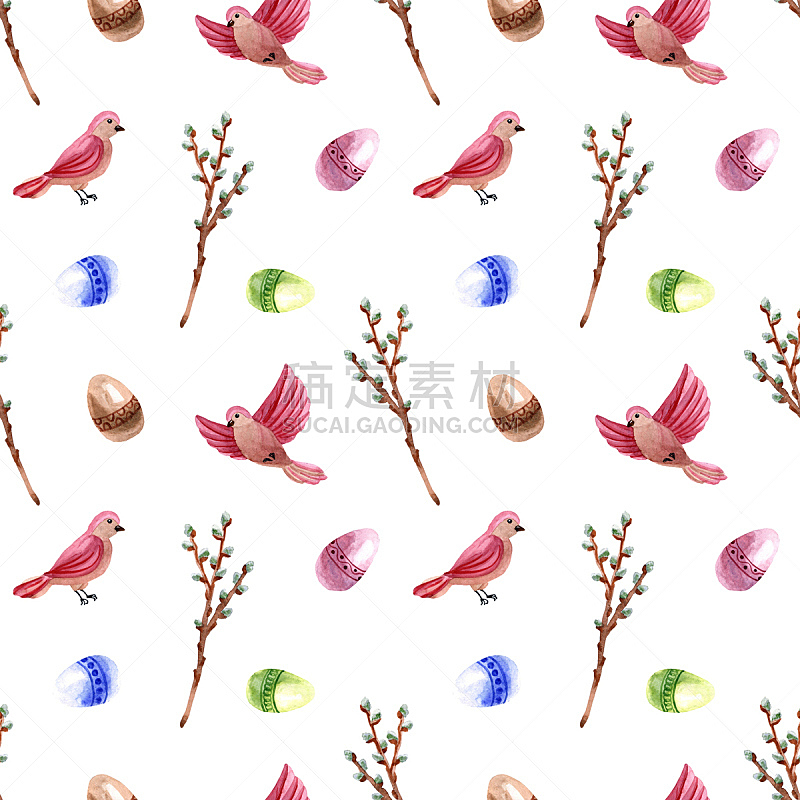 复活节,卵,鸟类,四方连续纹样,春天,柳树,枝,白色背景,分离着色,水彩画