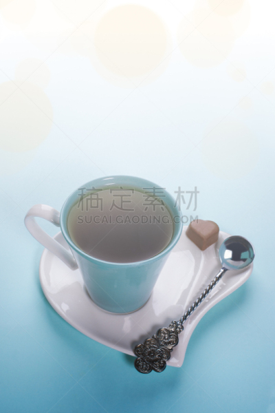 茶碟,茶杯,情人节,早餐,心型,婴儿勺,巧克力糖,蓝色背景,饮料,茶