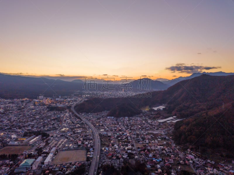 建筑,城市,富士河口湖,日本,山梨县,地形,航拍视角,建筑外部,都市风光,日落