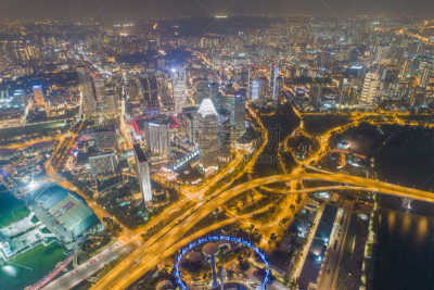 Aerial view Panoramic of the Singapore Skyline and Marina Bay, the marina is the centre of the economy in singapore, there are here all the building in singapore central
