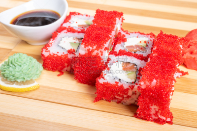 红色,特写,小鱼籽,加州卷,生姜,菜单,日本食品,米,三文鱼,生鱼片寿司