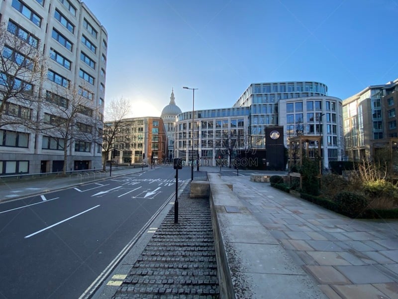 St Paul’s Dome seen from empty London street