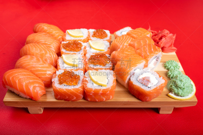 三文鱼,寿司,绿芥末酱,生姜,鱼子酱,费城,菜单,日本食品,米,生鱼片寿司