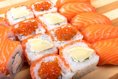 三文鱼,寿司,绿芥末酱,特写,鱼子酱,生姜,费城,菜单,日本食品,米