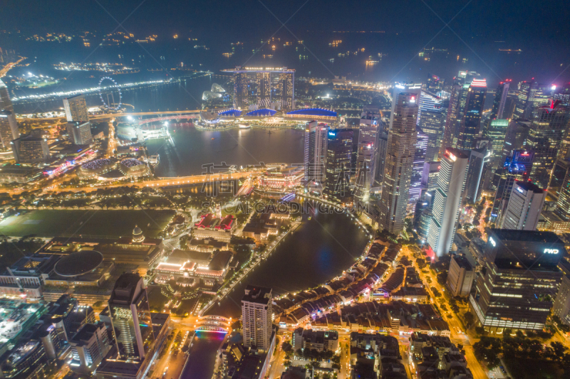 Aerial view Panoramic of the Singapore Skyline and Marina Bay, the marina is the centre of the economy in singapore, there are here all the building in singapore central