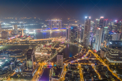 Aerial view Panoramic of the Singapore Skyline and Marina Bay, the marina is the centre of the economy in singapore, there are here all the building in singapore central