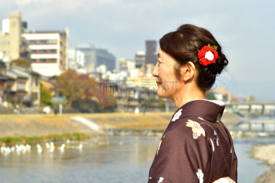 和服,女人,京都府,日本人,鸭川,秋天,中老年女人,仅日本人,仅一个中老年女人,一个人