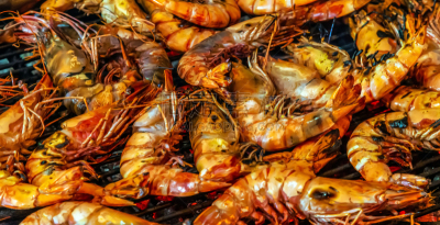 格子烤肉,烤肉架,对虾,蒸菜,黑色虎虾,热,赫蕉属,清新,海洋生命,东方食品