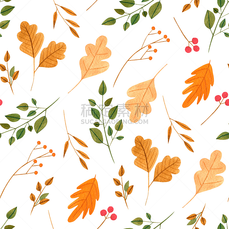 简单,四方连续纹样,秋天,枝,叶子,白色背景,水彩画,手工着色,水彩画颜料,纺织品