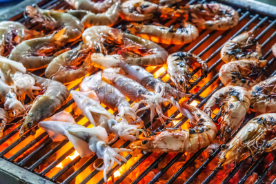 格子烤肉,烤肉架,蒸菜,鱿鱼,章鱼,触须,热,渔业,食品,东方食品