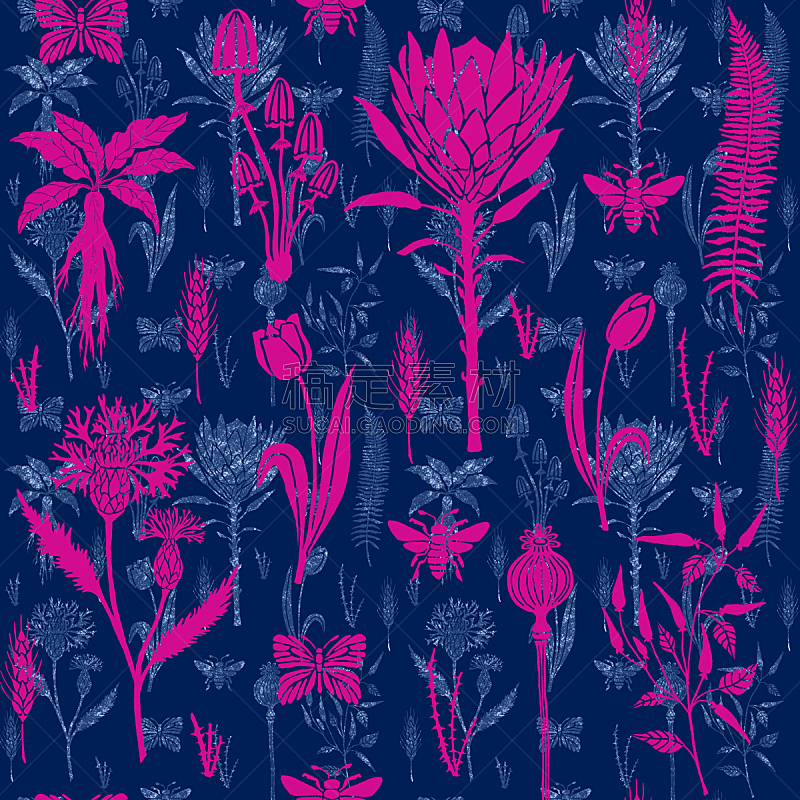 四方连续纹样,昆虫,普罗梯亚木,蓝色背景,粉色,华丽的,纺织品,复古风格,花