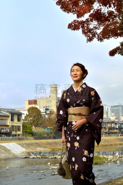 和服,女人,京都府,日本人,鸭川,秋天,中老年女人,仅日本人,仅一个中老年女人,一个人