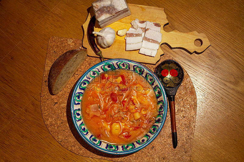 传统,食品,平铺,背景,木制,乌克兰,盘子,黄油,大蒜,黑面包