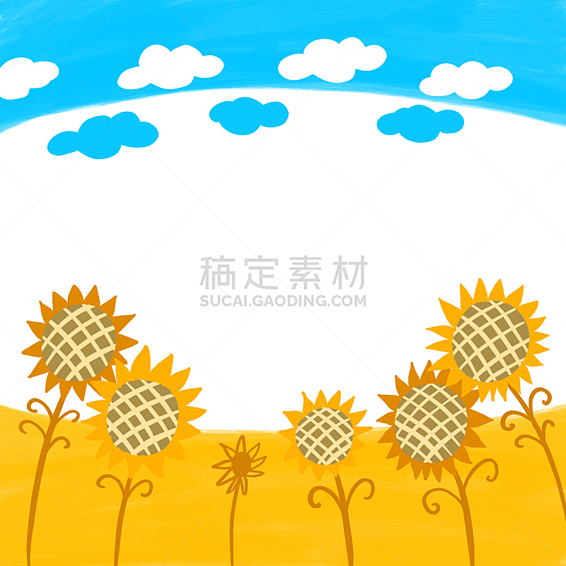 云,简单,向日葵,天空,绘画插图,黄色,田地,蓝色,彩色背景,小山羊