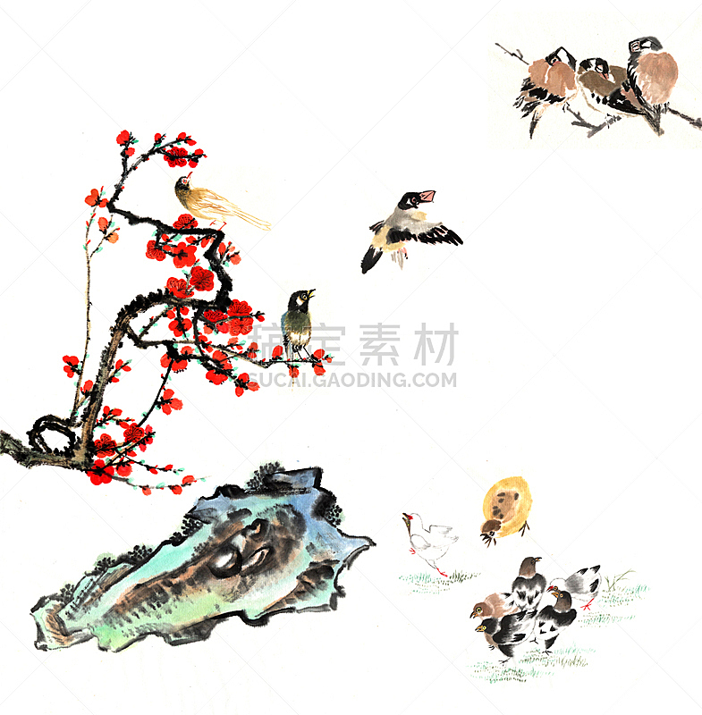 石头,花头,动物,李子,垂直画幅,绘画插图,鸟类,古老的,墨水