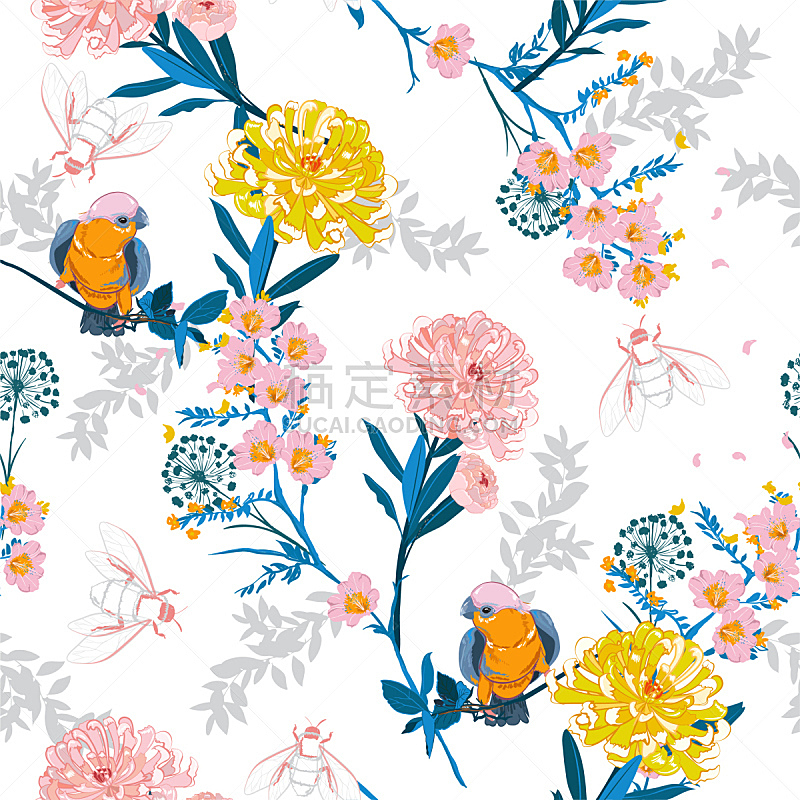 纺织品,绘画插图,鸟类,矢量,日本,枝,自然美,叶子,四方连续纹样,花
