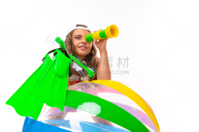 女孩,白色背景,充气品,晚会,条纹,水肺潜水,平衡折角灯,拿着,斜靠,游泳
