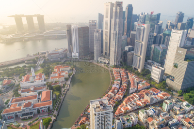 Aerial view Panoramic of the Singapore Skyline and Marina Bay, the marina is the centre of the economy in singapore, there are here all the building in singapore central