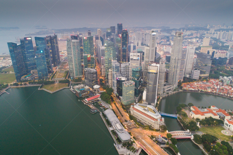 Aerial view Panoramic of the Singapore Skyline and Marina Bay, the marina is the centre of the economy in singapore, there are here all the building in singapore central